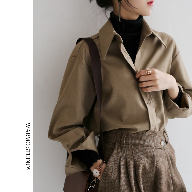 Warmo/Retro Spring and Autumn Style Casual Layered Long-Sleeved Shirt for Women, Simple, Loose and Versatile Korean Style Shirt for Work Clothing Ol