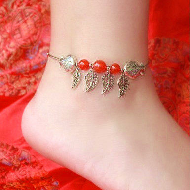 Yunnan ethnic wind accessories Miao silver ornament Original hand-run red Manau foot chain Miao silver small fish foot chain woman