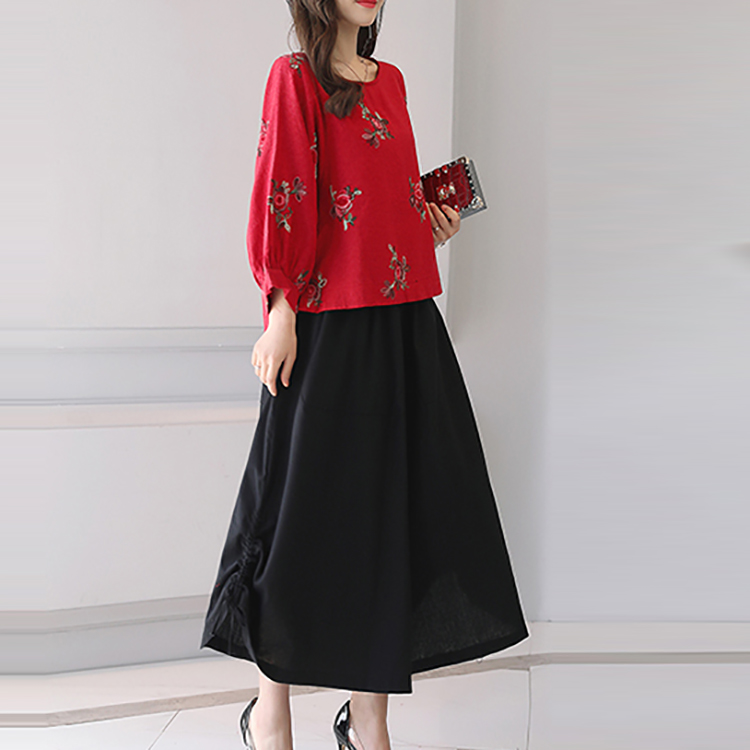 2018春夏松紧腰棉麻九分阔腿裤+上衣宽松民族风两件套装女大脚裤