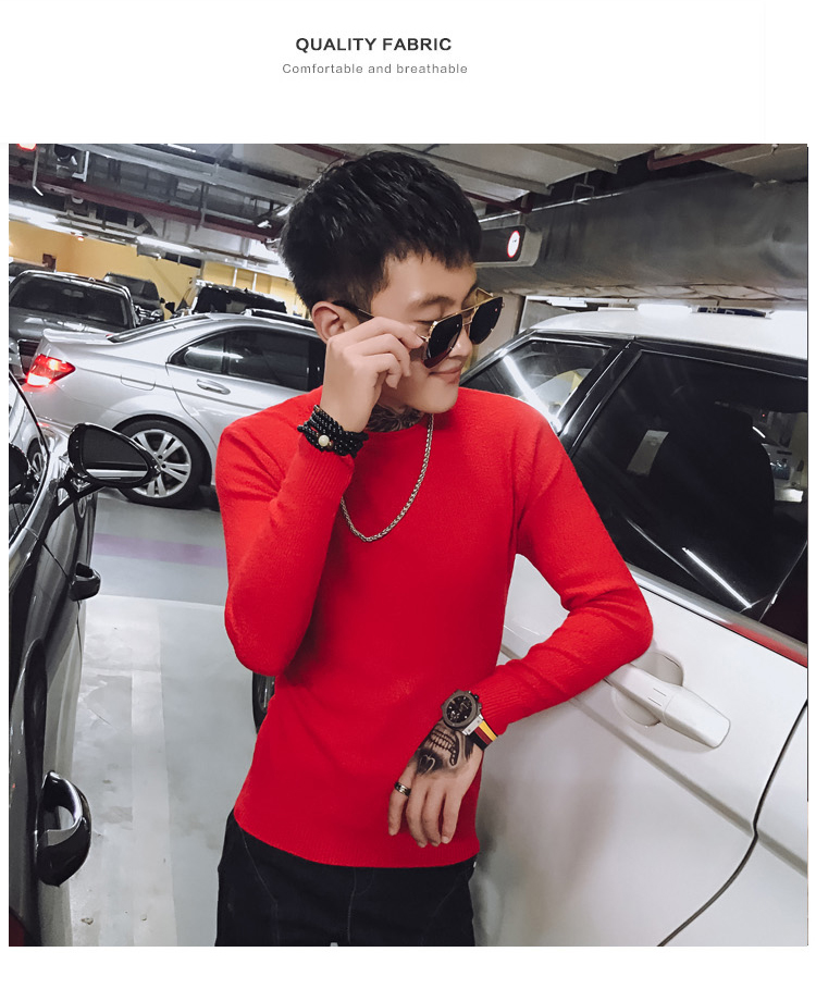 Xã hội mùa xuân nam thanh niên mỏng cổ tròn áo len áo len nam màu đỏ với cùng một đoạn rắn áo len thủy triều nam áo len - Kéo qua áo sơ mi nam