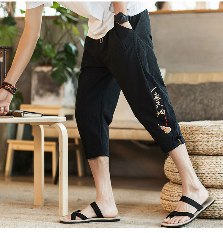 Mùa hè Trung Quốc phong cách thêu vải lanh cắt quần nam cộng với phân bón chân XL quần quốc gió bông thường áo nam