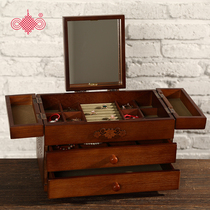 Jewelry box Princess European style Korean multi-layer earring box with mirror Simple hand jewelry storage box Large capacity wood