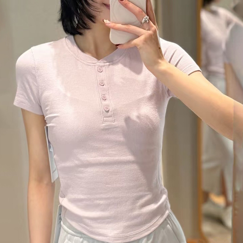 3.16 Porcelain Pink Hold Tlght Ribbed Henley Short Sleeve Sports T-Shirt Basic T-Shirt, Slim Fit and Flattering
