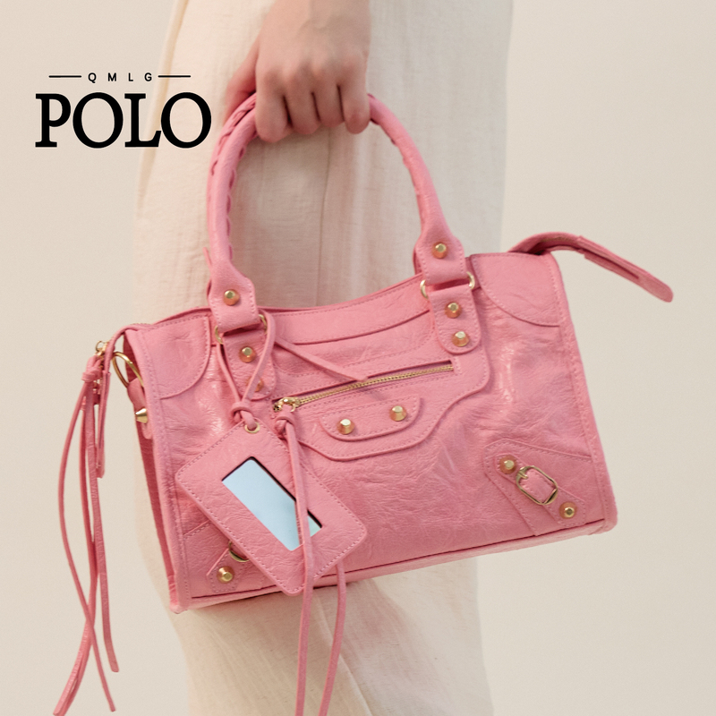 Qmlg Polo Retro Motorcycle Bag with Gold Rivets, Hand-Held Crossbody Bag, Hot Girl Style, High-End Pink Shoulder Bag