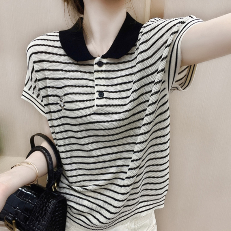 2026 Summer New Ice Silk Striped Color-Block Casual Loose Slimming Short-Sleeve T-Shirt Embroidered Button Knit Top