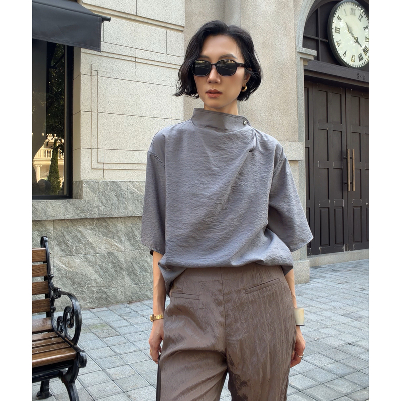 Shanji [Sticking to the Traditional] Stand-Up Collar Short-Sleeve Shirt Mulberry Silk Blend High-End Niche Design T-Shirt for Women 26 Autumn