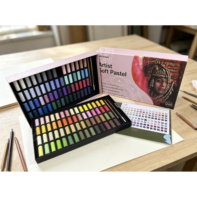 120-Color Soft Pastel Sticks New Product *Round and Square Options Available* Black and White Charcoal Pencil + Pastel Paper + Color Chart Set