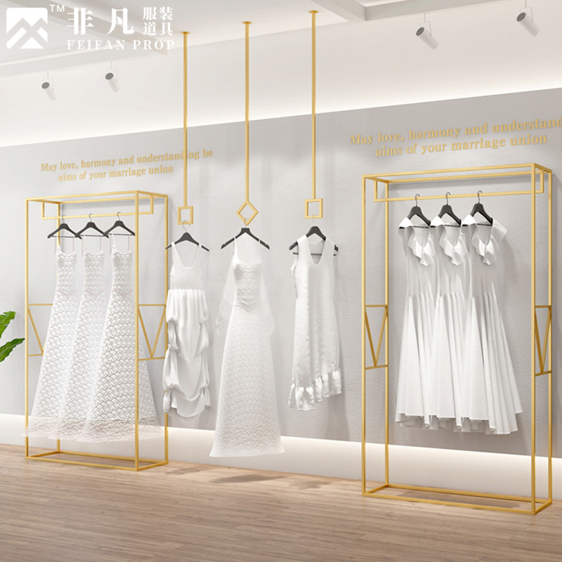 Clothing Store Show Shelf Floor Type Bilayer Iron Art Golden Display Frame Show and dress Wedding Dress for hanging clothes racks