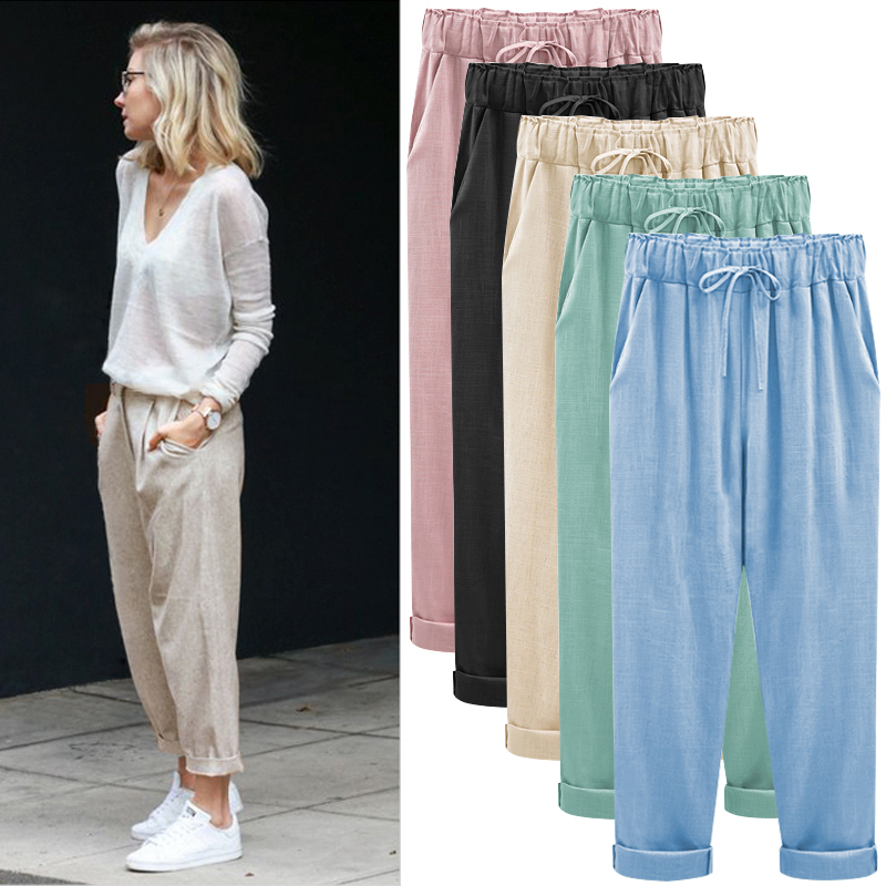 Plus-Size Imitation Cotton-Linen Women's Pants for Spring and Summer, Large Size Cropped Pants 100kg Thin Loose Casual Pants for Chubby Women