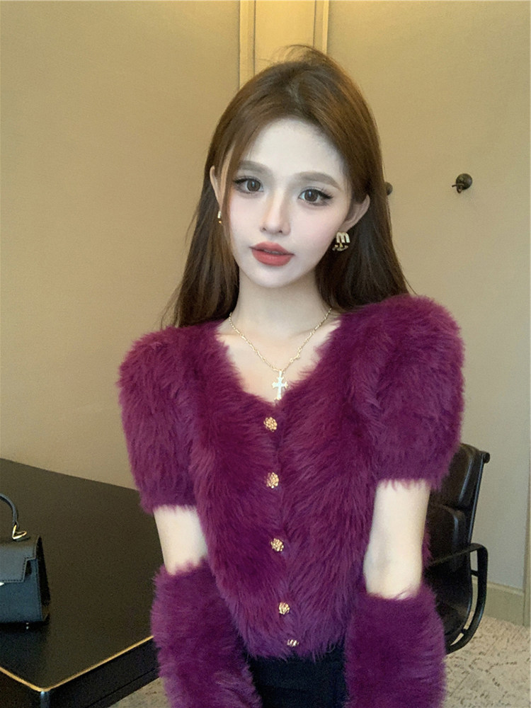 Pure Desire Wind and Spicy Sexy Plush Suede Knit Cardigan Soft Glutinous Short Sleeves Sweater Woman (spot) -Taobao