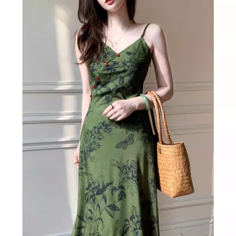 【Danqingke】New Chinese-Style National Trend Green Jacquard Suspender Cheongsam Dress for Women, Summer New Slim-Fit Dress for Women