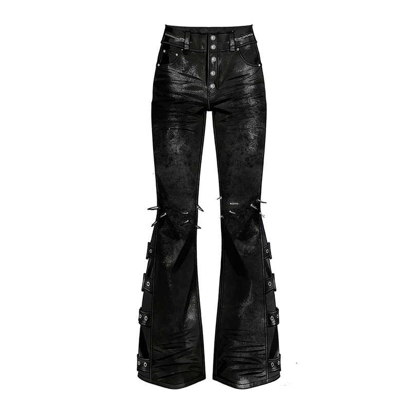 Rogic # Heavy-Duty High-Stretch Waxed Denim Flared Pants with Rivets and Straps, Punk Subculture Distressed Jeans.