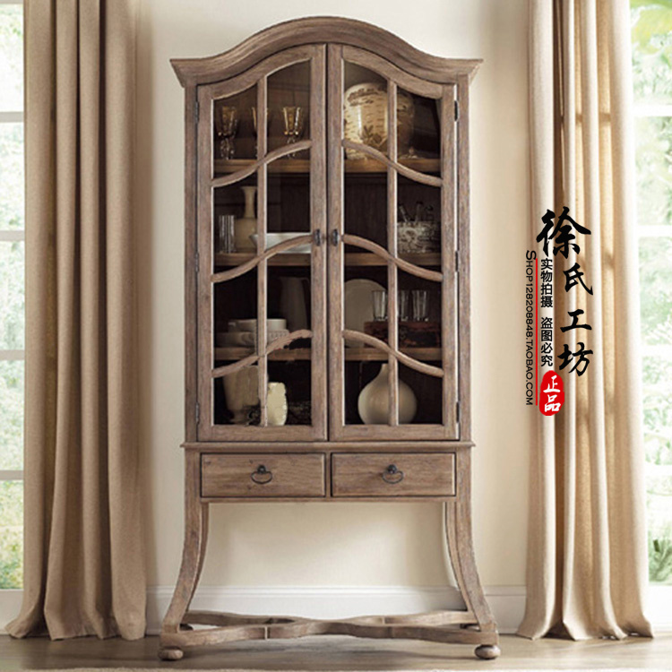 American Solid Wood Dining Side Cabinet Style Retro Bowl Tray Cabinet Bookcase Wine Cabinet Oak Wood Vaulted Double Door Glass Cabinet Display Cabinet