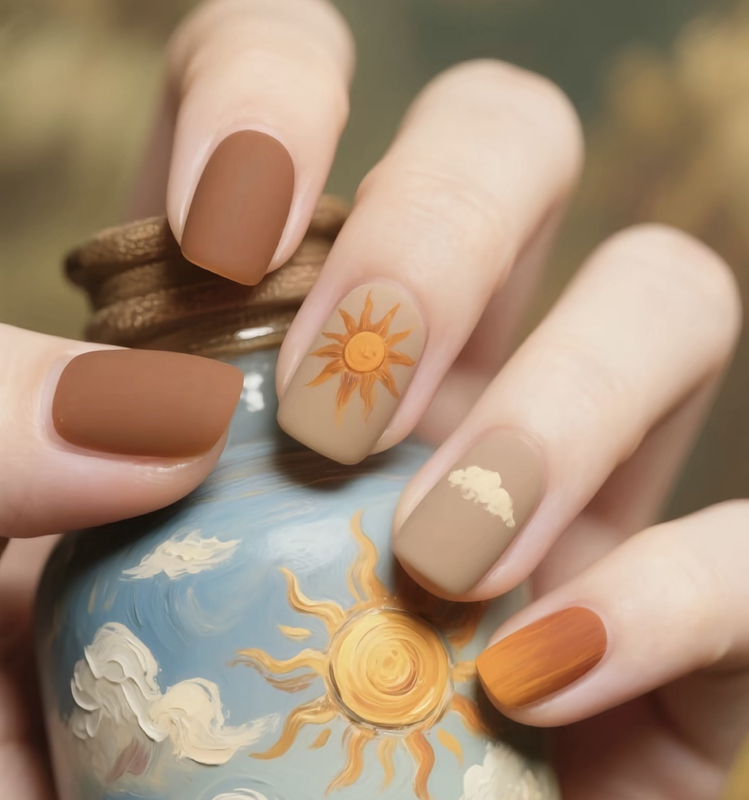 【Early Autumn Warm Sunshine】Graffiti Handmade Wearable Nails ins Wind Matte High-End New Chinese Style Nail Art Stickers Fake Nails