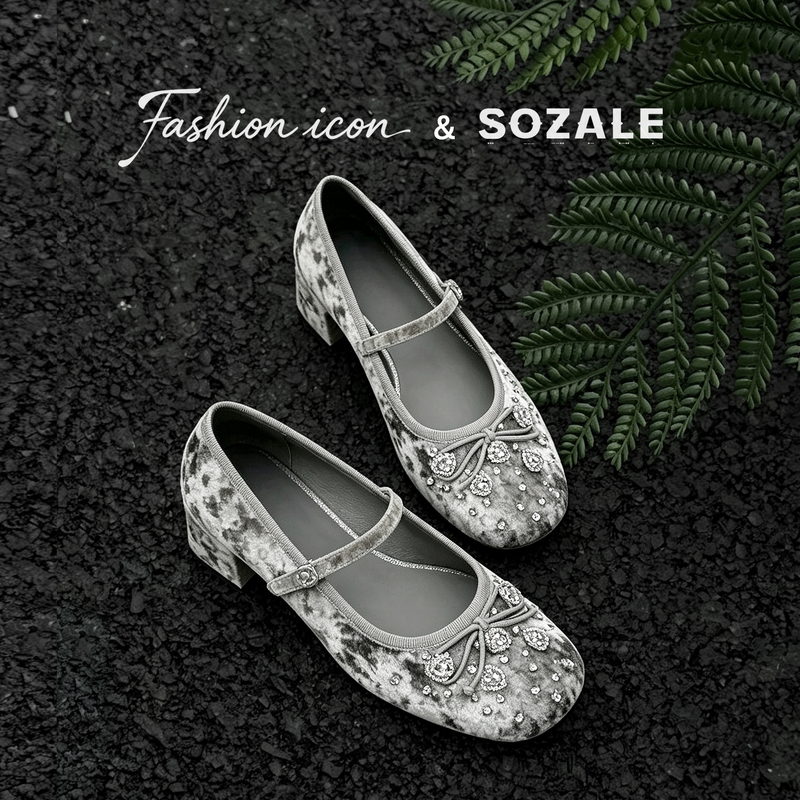 Fashion Icon "Shuying High Heels" Mary Jane Shoes for Women, Autumn Hand-Stitched Rhinestone French-Style Chunky High Heels Fashion Icon "Shuying High Heels" Mary Jane Shoes for Women, Autumn Hand-Stitched Rhinestone French-Style Chunky High Heels