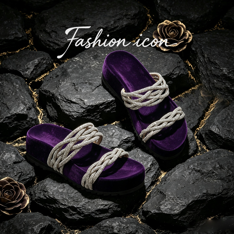 Fashion Icon "姒琉" Women's Summer Retro Rhinestone Woven Thick-Soled Height-Increasing Single-Strap Sandals Fashion Icon "姒琉" Women's Summer Retro Rhinestone Woven Thick-Soled Height-Increasing Single-Strap Sandals