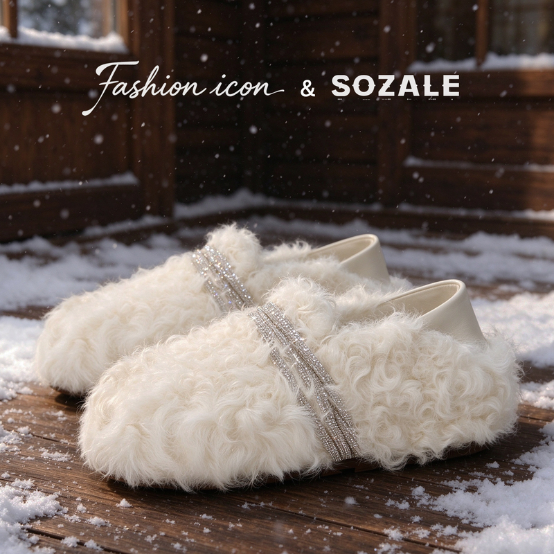 Fashion Icon "Snow Clear" Rhinestone Furry Shoes for Women, Autumn and Winter Luxury Thick-Soled Height-Increasing Two-Way Birkenstock Shoes