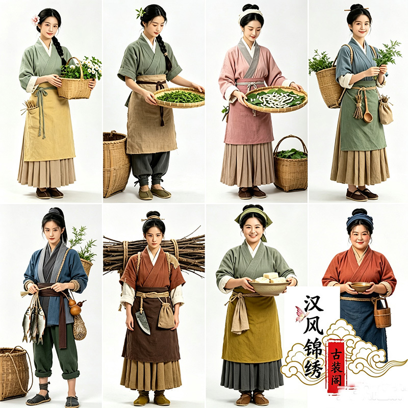Song Dynasty-Style Hanfu for Women, Peasant Women, Tea-Picking Fisherwomen, Woodcutting, Full Set of Coarse Cloth Cotton and Linen Ancient Costume Stage Performance Clothing Song Dynasty-Style Hanfu for Women, Peasant Women, Tea-Picking Fisherwomen, Woodcutting, Full Set of Coarse Cloth Cotton and Linen Ancient Costume Stage Performance Clothing