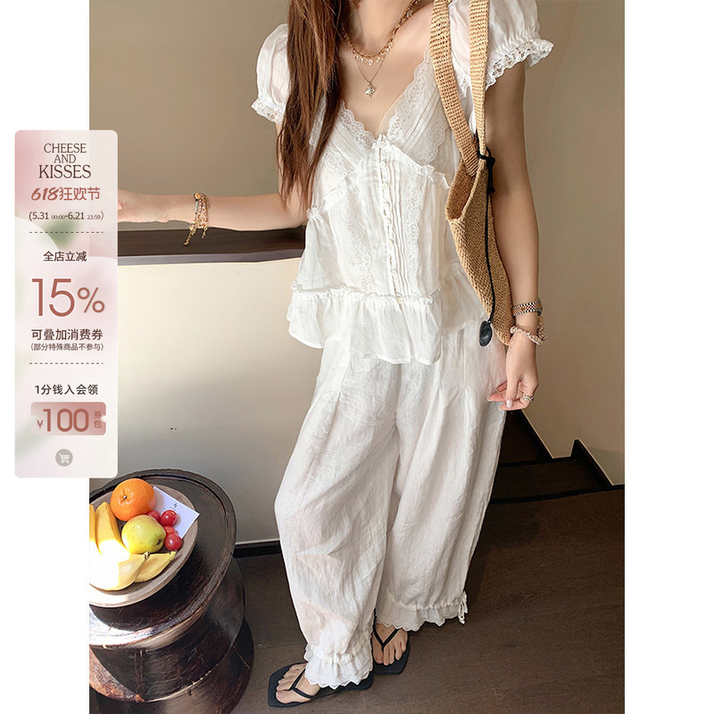 Cheeseandkisses Angel Aimeili 100% Natural Ramie Blouse White French Lace Top for Women