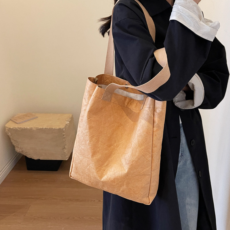 Custom Crumpled Wash Tyvek Paper Bags - Eco-Friendly Kraft Color Shopping Tote Bags With Custom Logo Printing - Thumbnail 5