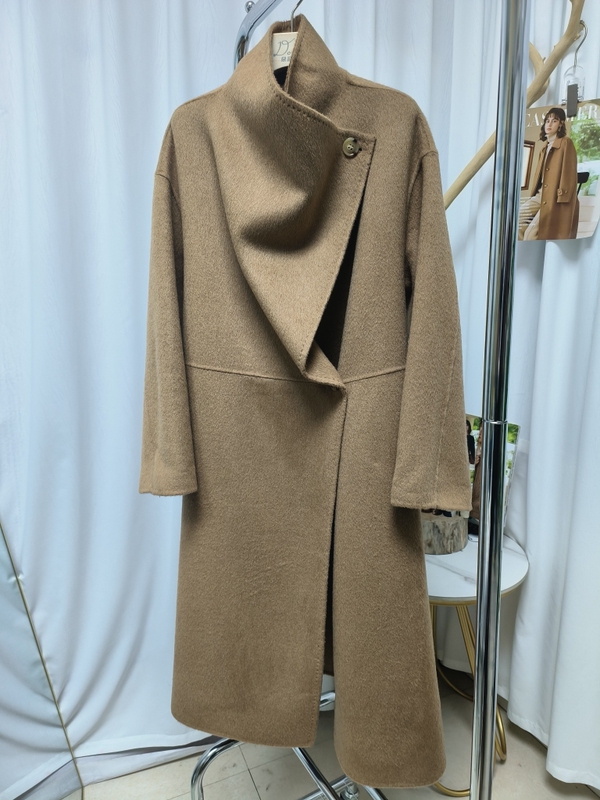100% Camel Hair Direct Sale Coat with Stand Collar, Double-Sided Fleece Jacket, Large Lapel Long Coat
