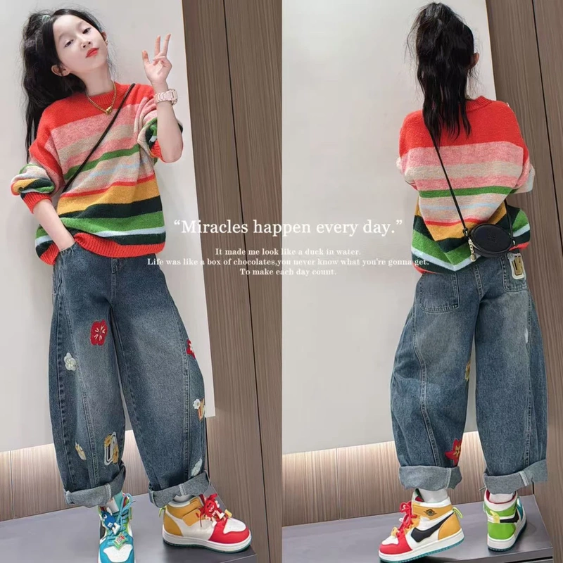 Atmospheric Neon French Sweater Set with Gradient Colorful Stripes Knitted 2026 Girls' Embroidered Scimitar Jeans Atmospheric Neon French Sweater Set with Gradient Colorful Stripes Knitted 2026 Girls' Embroidered Scimitar Jeans