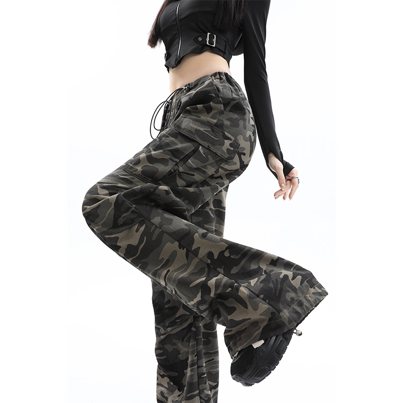 American High Street Retro Camouflage Cargo Pants for Women, Autumn Loose Drape Casual Floor-Length Pants, Low-Waist Drawstring Jogger Pants