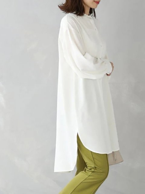 Cross-Border Japanese-Style Summer Hot-Selling Long-Sleeved Single-Breasted Stand-Up Collar Shirt with Double Side Slits, Loose Mid-Length Top for Women