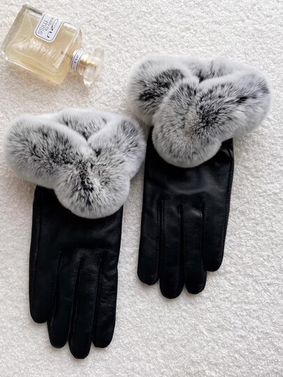 CalbouKimct genuine leather gloves for women in winter plus velvet to keep warm and elegant Rex rabbit fur button cotton sheepskin gloves to protect against cold