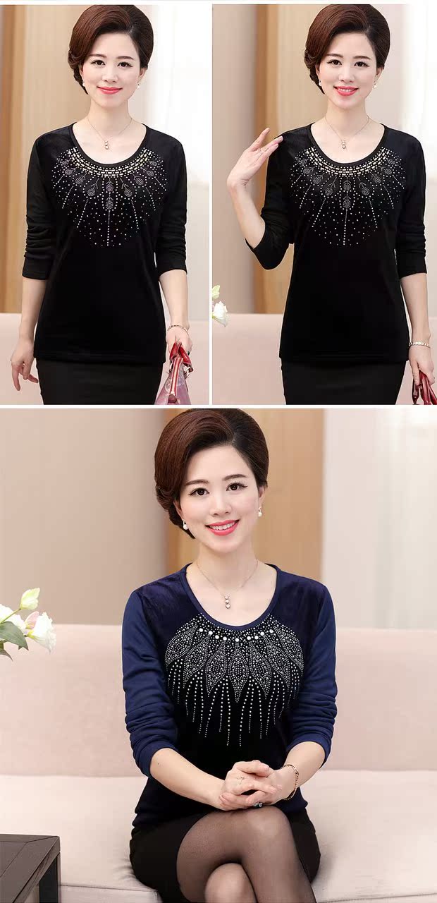 Thời trang trung niên của phụ nữ thời trang dài tay áo thun nhung vàng cộng với quần áo nhung ấm áp mẹ tải áo dày cỡ lớn áo kiểu nữ trung niên