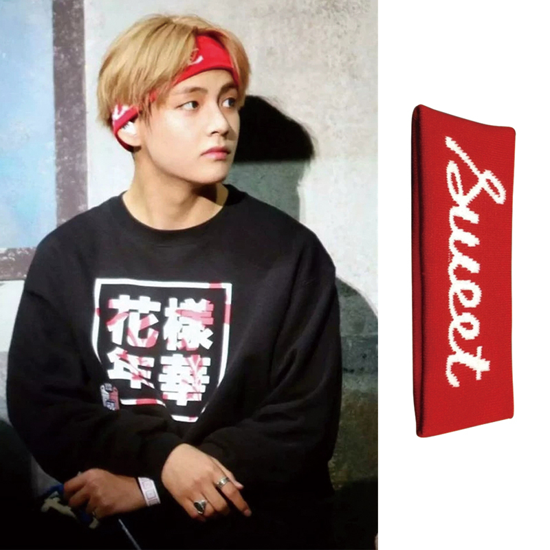 Bts Kim Taehyung's Same Style Headband with Red Background and White Letters, Hip-Hop Knitted Letter Sports Headband, High-Elasticity Accessory Bts Kim Taehyung's Same Style Headband with Red Background and White Letters, Hip-Hop Knitted Letter Sports Headband, High-Elasticity Accessory