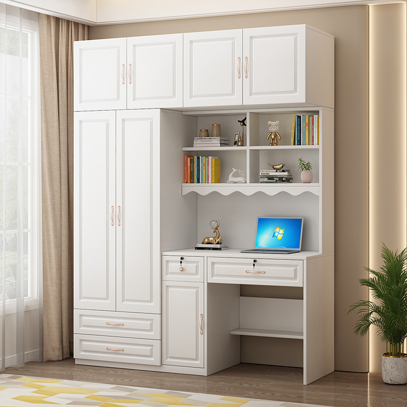 Solid Wood Computer Desk and Bookcase Combination for Small Apartments, Home Bedroom Writing Desk with Integrated Wardrobe for Children's Room