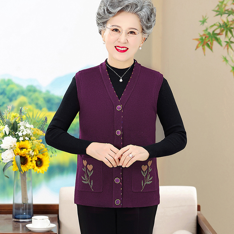 Middle-Aged and Elderly Women's Spring and Autumn Knitted Wool Vest Sweater, Mother's Style Vest, Grandma's Cardigan Jacket