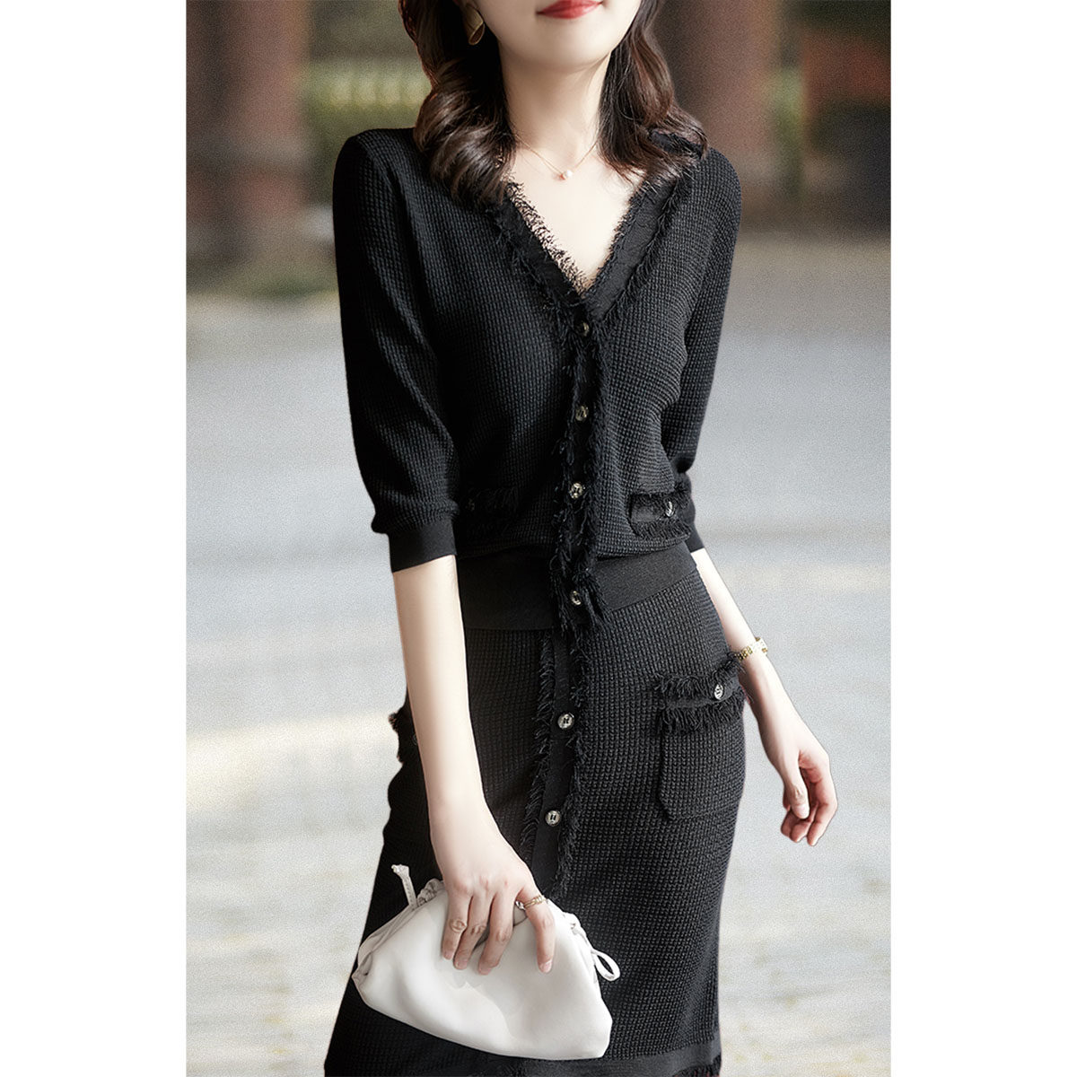 RAGR のTemperament Explosion Xiaoxiang Hyperbolic Yarn Fashion Western Flow Suit Two-piece Knitted Suit