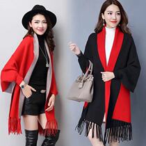 Autumn and winter warm air-conditioned room cashmere shawl womens strap sleeves dual-purpose cloak scarf solid color versatile thickened