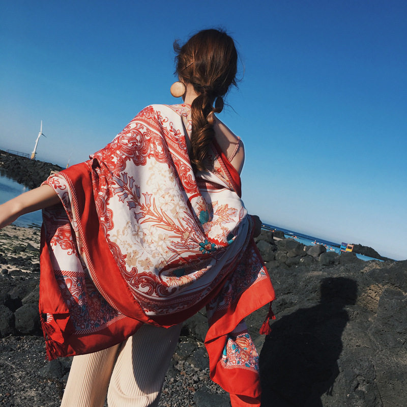 National Wind Big shawl Shoulder Scarves with Dual-use Tourist Photo Warm Cloak Seaside 100 Hitch Sunscreen Printed Silk Scarves