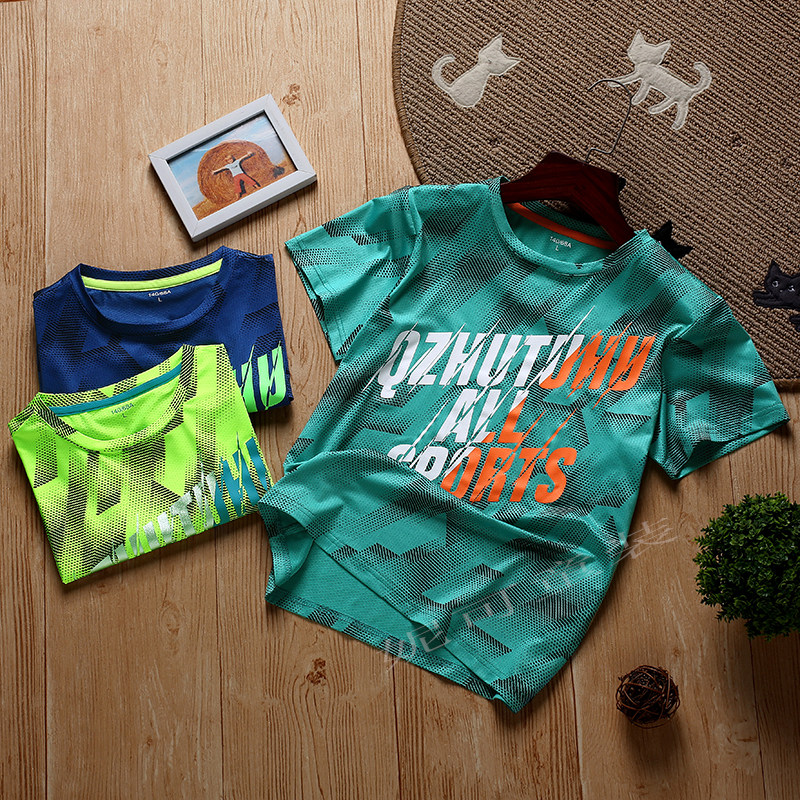 Summer New Boy Ice Wire Dry T-shirt Short sleeves for Large Children Running Outdoor Sports Dry Dry Clothes