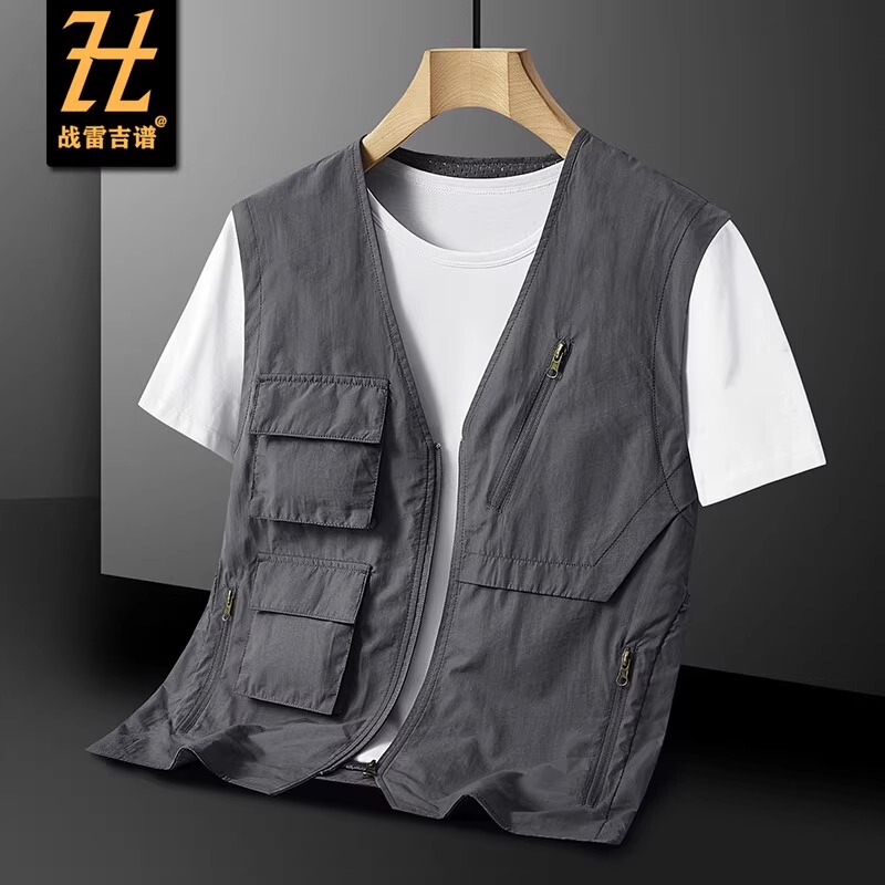 Zhanlei Quick-Drying Men's Vest, Spring and Autumn Thin Multi-Pocket Vest, Workwear, Fishing, Collarless, Large Size