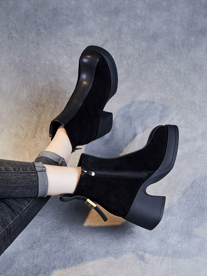 真皮厚底时装靴2025秋季新款粗高跟7cm羊猄皮切尔西加绒女短靴子