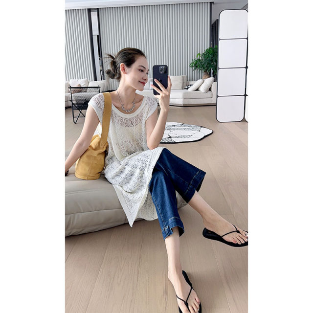 MEIYANG half-summer dress with front and back hollow knitted ~ lazy holiday sleeveless long cardigan