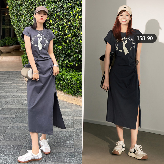 MEIYANG Moon Rabbit Dress Letter Printed Round Neck Short Sleeve Waist T-shirt Dress