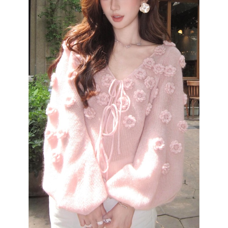 Gentle Pink Three-Dimensional Flower Tie-Up Knit Sweater for Women, 2026 Autumn New Style, Lazy and Sweet Temperament Sweater