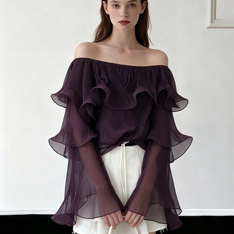 French-Style Purple Off-Shoulder Ruffled Tiered Blouse for Women, Autumn 2026 New Artistic Style, Slimming Top