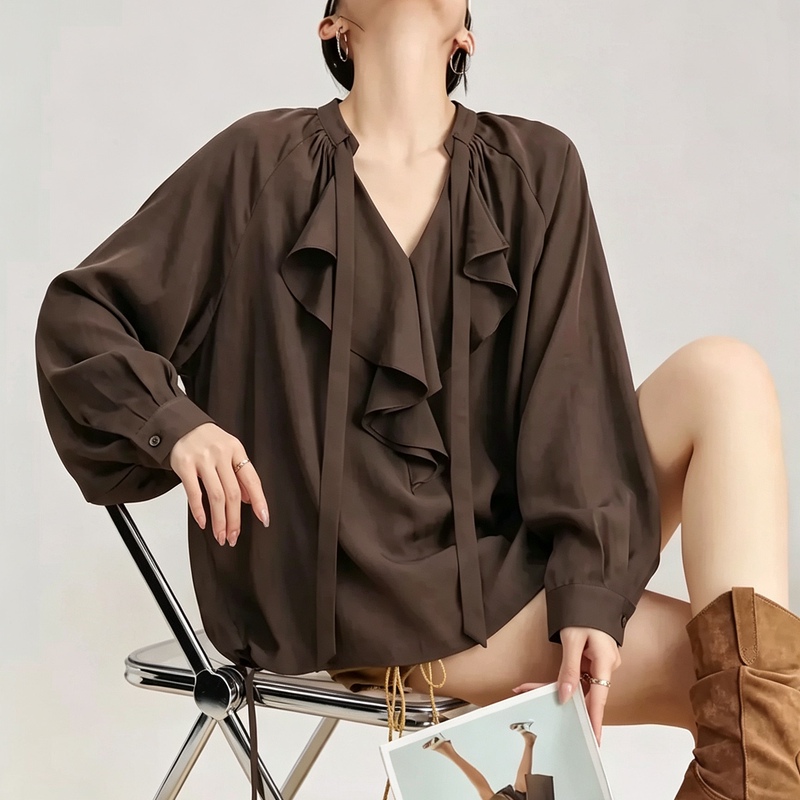 Coffee-Colored V-Neck Ruffled Tie-Up Off-Shoulder Lantern Long-Sleeve Shirt for Women, 2026 New Style, Suitable for Commuting in Autumn