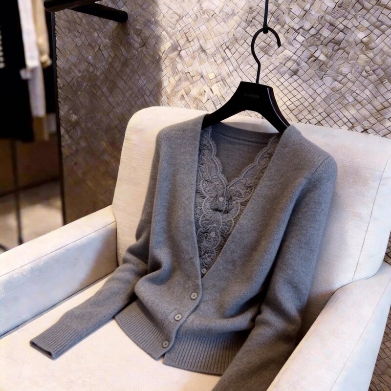Sexy Lace Patchwork Gray Top for Women 2026 Early Spring High-End Versatile Casual Style Slimming Knitwear Sexy Lace Patchwork Gray Top for Women 2026 Early Spring High-End Versatile Casual Style Slimming Knitwear