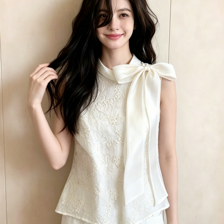 French-Style Gentle and Youthful Sequin Embroidered Tie-Up Blouse for Women, Unique and Beautiful Sleeveless Shirt Top for Summer