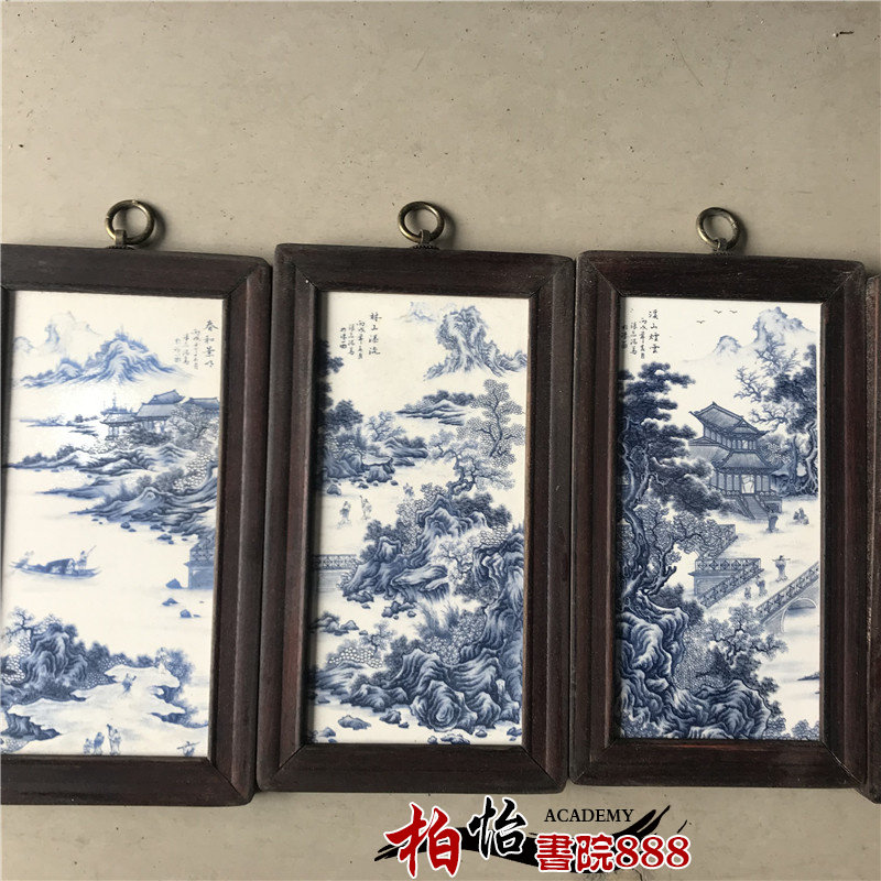 Four-screen painting Jingdezhen Porcelain Plate Painting Landscape Painting Living Room Decoration Painting Fresco Hanging Painting Solid Wood Frame Old Painting Brief