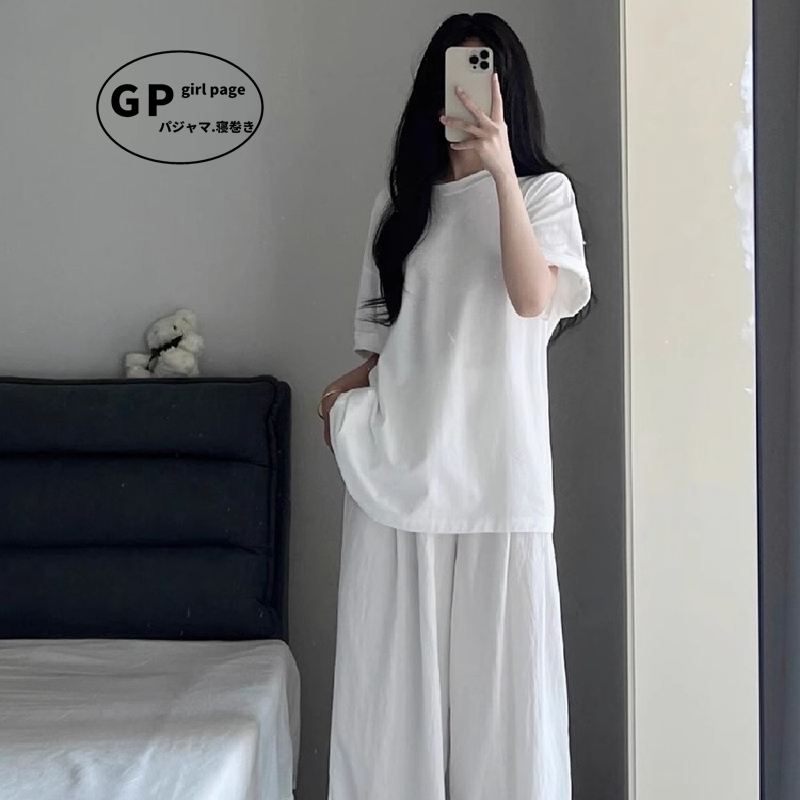 Gp Pure Cotton Pajamas for Women, Summer Loose Thin Short-Sleeved Set, Solid White, Simple and Can Be Worn Outside, Spring and Autumn Loungewear