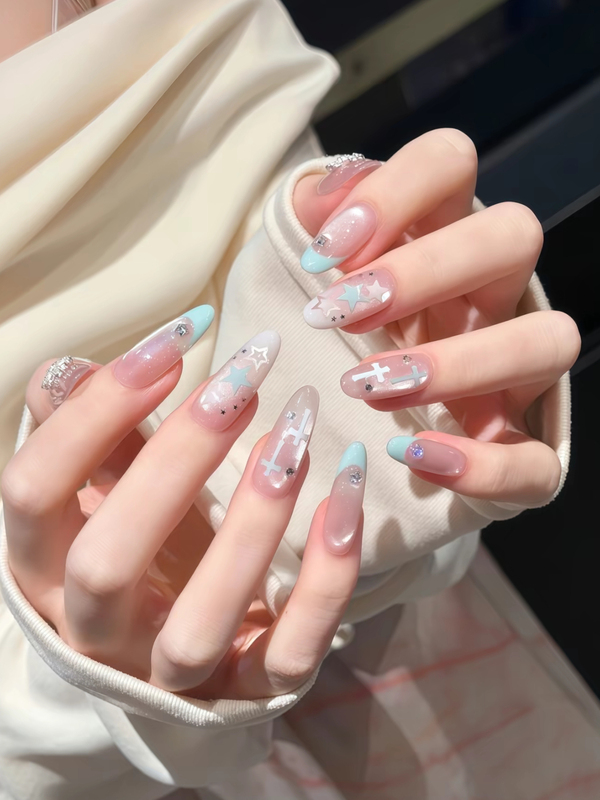 Pure Desire Blue and Pink French Gradient White Cat Eye Handmade Medium-Length Nail Art with High-End Sparkling Stars, Brightening Effect, Hot Girl Style Press-On Nails Pure Desire Blue and Pink French Gradient White Cat Eye Handmade Medium-Length Nail Art with High-End Sparkling Stars, Brightening Effect, Hot Girl Style Press-On Nails