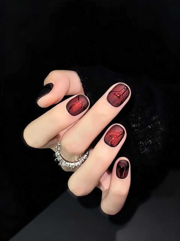 Black and Red Gradient Frosted Cat-Eye Style Handmade Long Nails with a High-End Feel, Brightening Effect for Men, Unisex Short Nail Stickers